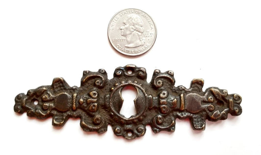 2 Antique French Brass Escutcheon, Hardware Ornate Fancy Keyhole Cover Escutcheon, French Country, approx. 4-1/4" x 1-3/8" #E8