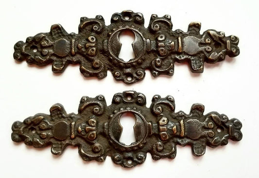 2 Antique French Brass Escutcheon, Hardware Ornate Fancy Keyhole Cover Escutcheon, French Country, approx. 4-1/4" x 1-3/8" #E8