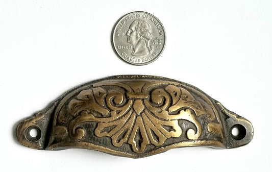 6 Solid Brass Victorian Antique Style Ornate Cabinet Apothecary Drawer Bin Pull Handles 4-1/8"wide (3-1/2"centers) Unlaquered.#A1