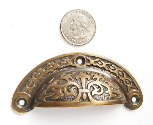 6 x Antique Vintage Victorian style brass apothecary bin pull handles 3-7/16"wide (3" centers) #A5