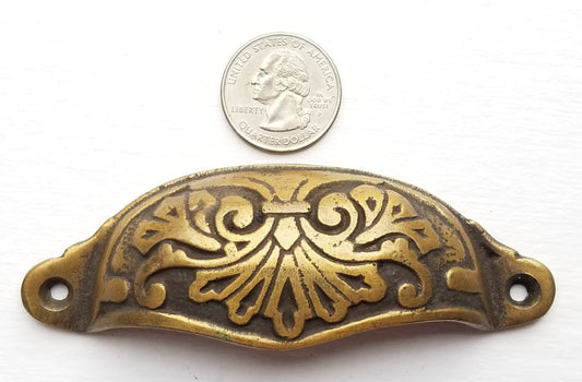 4 Solid Brass Victorian Antique Style Ornate Cabinet Apothecary Drawer Bin Pull Handles 4-1/8"wide (3-1/2"centers).Unlaquered #A1