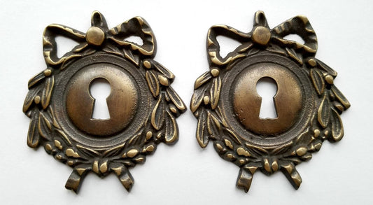 2 x Antique Style French Brass Escutcheon, Hardware Ornate Fancy Keyhole Cover,Door,Lock, Louis XIV French Country, approx 2 1/2" dia. #E12