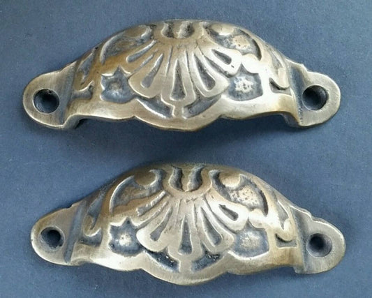 2 Apothecary Cabinet Drawer Bin Pull Handles 3" cntrs (3-9/16" wide) Solid Ornate Brass #A2