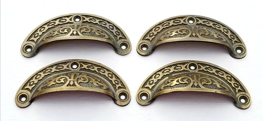4 Antique Vintage Victorian style brass apothecary bin pull handles 3-7/16"wide (3" centers) #A5
