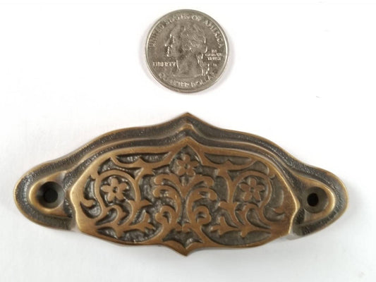 6 x Solid Brass Antique Vintage Style Victorian, Art Nouveau Apothecary Bin Pull Handles, Hardware. 3-9/16" w. (approx 2-3/4" center) #A4