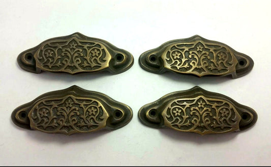 4 x Solid Brass Antique Vintage Style Victorian, Art Nouveau Apothecary Bin Pull Handles, Hardware 3-9/16" wide (approx 2-3/4" centers)  #A4