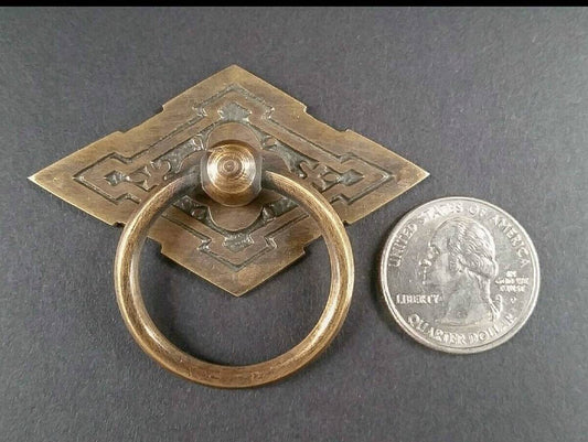 8 x #H15 Antique Style Victorian Eastlake Handles, Ring Pulls,  Furniture Hardware, Diamond Backplate Brass Pulls 2-3/8" wide #H15