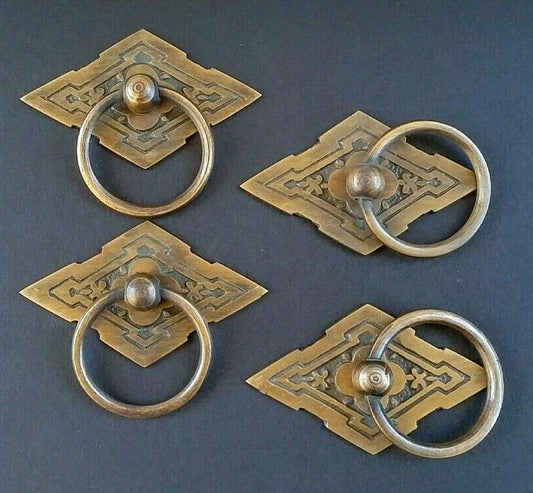 4 x Eastlake Antique Style Handles, Ring Pulls, Furniture Hardware, Diamond Backplate Brass Pulls 2-3/8" wider Unlaquered #H15