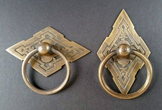 8 x #H15 Antique Style Victorian Eastlake Handles, Ring Pulls,  Furniture Hardware, Diamond Backplate Brass Pulls 2-3/8" wide #H15