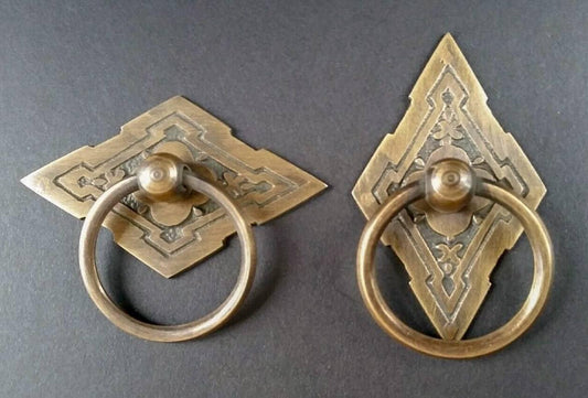 6 x Eastlake Antique Style Handles, Ring Pulls,  Furniture Hardware, Diamond Backplate Brass Pulls.Unlaquered. 2-3/8" wide #H15