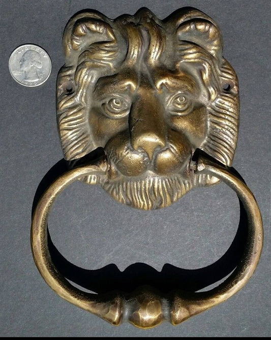 Large Unique Antique Vintage Style Brass Lion Head Door Knocker, Towel Ring Holder 6 1/2" long.Unlaquered. #D2