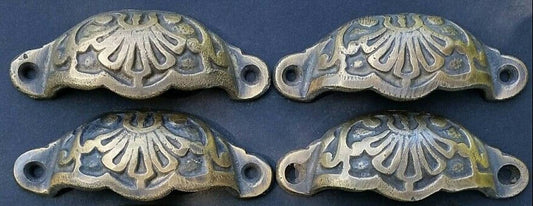4 x Apothecary Cabinet Drawer Bin Pull Handles 3-9/16" wide Solid Ornate Brass #A2