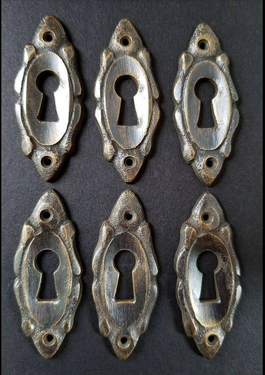6 Ornate Vertical Small Solid Brass Eschutcheon Keyhole Covers size 2" tall jewelry component #E4