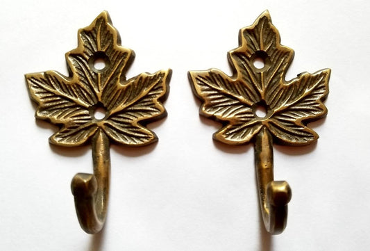 2 Maple Leaf Solid Brass Coat Hat Towel Hooks Rustic, Cabin Hooks approx 3" long #C18