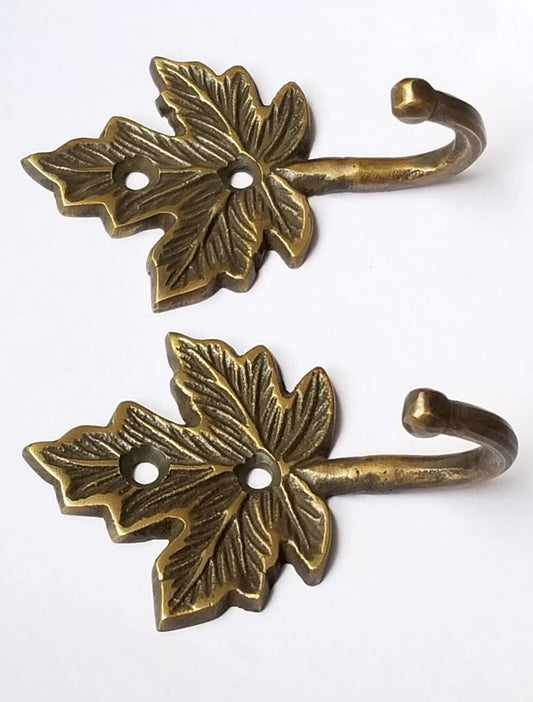 2 Maple Leaf Solid Brass Coat Hat Towel Hooks Rustic, Cabin Hooks approx 3" long #C18