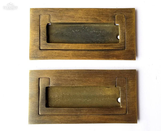 2 x Antique Style/Modern Inset Flush Mount TRUNK Drawer Chest PULL Handles 3-3/8" x 1-11/16" .Unlaquered. #P21