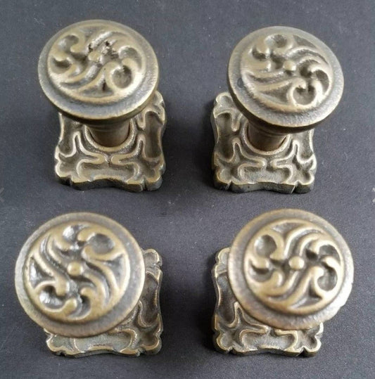 4 Ornate French Art Nouveau style brass Knobs, Handles, Pulls, Cabinet Hardware with 1" back plates .unlaquered .Cabinet,drawers kitchen #K5