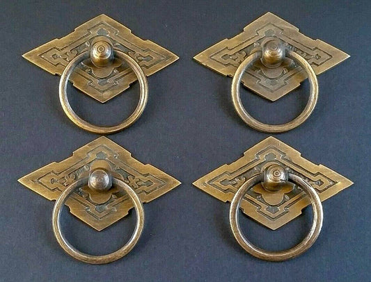 4 x Eastlake Antique Style Handles, Ring Pulls,  Furniture Hardware, Diamond Backplate Brass Pulls 2-3/8" wider Unlaquered #H15