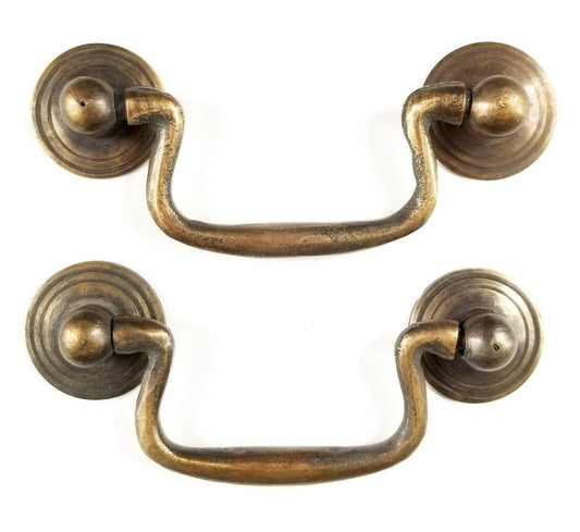 2 x Antique Style Brass Swan Neck Bail Pull Drawer Cabinet Handles 2-3/4"cntr.Unlaquered. #H43