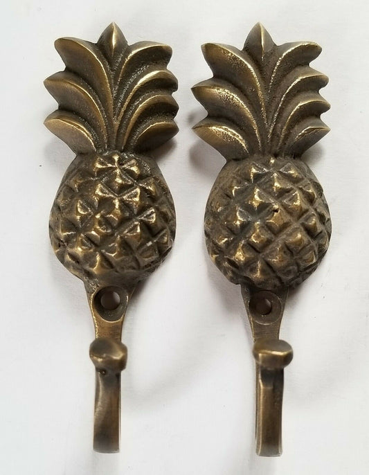 2 x Vintage Style PINEAPPLE Fruit Strong HOOK Hanger Brass Coat Hat Hanger 3" #C21
