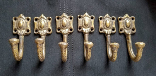 6 x Ornate Antique Vintage Style Single Coat Hooks Hat Hooks, Towel holder, Kitchen Hooks, Bathroom Hooks 2-1/2"long  Solid Brass #C4.