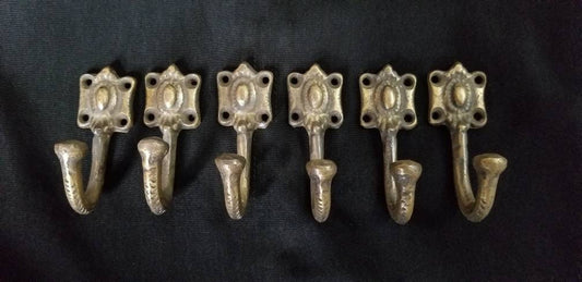 6 x Ornate Antique Vintage Style Single Coat Hooks Hat Hooks, Towel holder, Kitchen Hooks, Bathroom Hooks 2-1/2"long  Solid Brass #C4.