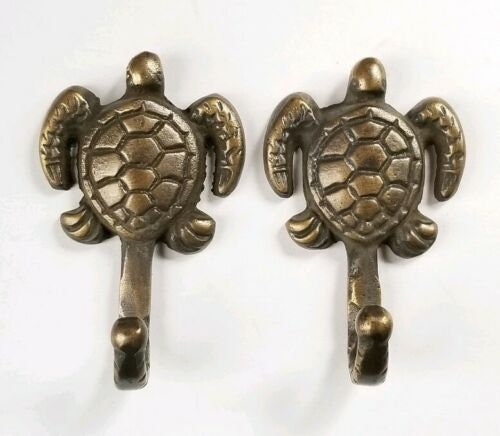 2 Small Sea Turtle Coat Hat Towel Hooks Solid Brass Antique Vtg style 2-1/2" long #C19