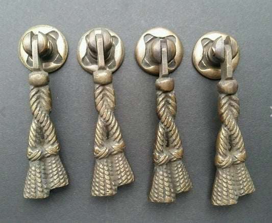 4 x decorative Classic Rope and Tassle Pendant Drop Handles with back plates in unlaquered Solid Brass 2-3/4" long #H5