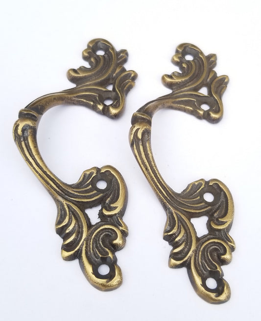 2 Antique Vintage Style French Provincial Country Solid Brass Ornate Handles Pulls 3-3/4" wide overall #P5