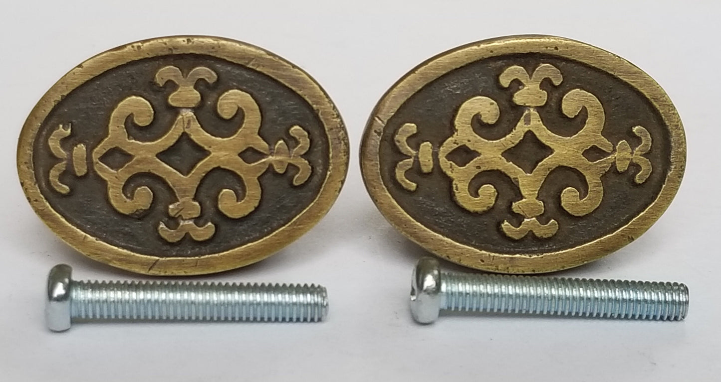 2 Antique Style Ornate Solid Brass Oval Knobs Pulls Cabinet Dresser w bolts #Z14