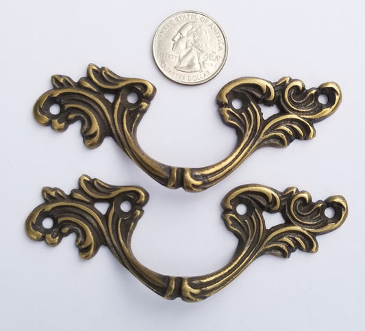 2 Antique Vintage Style French Provincial Country Solid Brass Ornate Handles Pulls 3-3/4" wide overall #P5