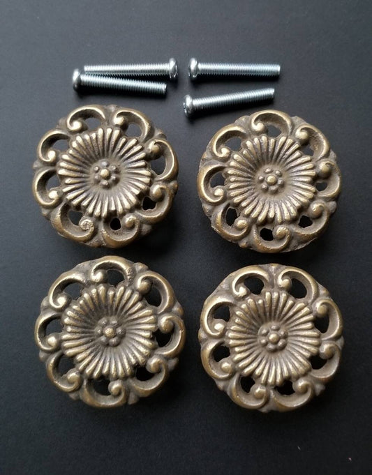 4 x Antique Vintage Style French Provincial Brass Floral Knobs Pulls Handles 1-1/2" dia. #K24