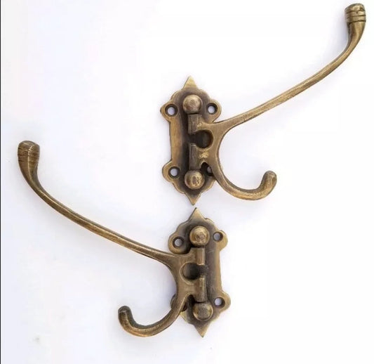 2 x Old Style Solid Brass Double Wall Mount Swivel Coat Hat Towel Hooks. Antique Folding brass hooks. Cabin porch hooks. un-laquered.#C24
