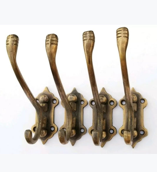 4 Old Style Solid Brass Double Wall Mount 180 degree Swivel Coat Hat Towel Hooks.Unlaquered. #C24