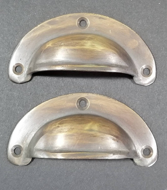 2 small Antique Bin Cup Pull Drawer Cabinet Handle Solid Brass 2-5/16" centers #A14