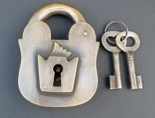 Large 4" PADLOCK Vintage stye old antique Solid Brass with 2 Skeleton Keys heavy weight #L5