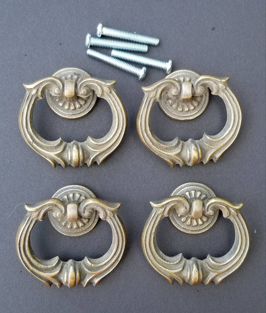 4 x Ornate Solid Brass Ring Pull Handle with Detailed Drop Ring and Backplate Antique Vintage Style 1-3/4", Superb quality #H10