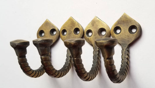 4 x Antique Vintage Style Single Twisted Rope Brass Coat Hat Towel holder Hooks 2-1/4" long.Unlaquered #C6