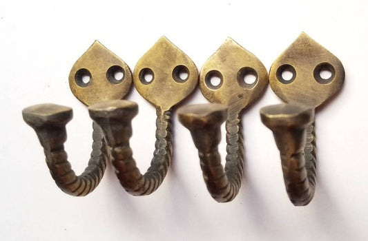 4 x Antique Vintage Style Single Twisted Rope Brass Coat Hat Towel holder Hooks 2-1/4" long.Unlaquered #C6