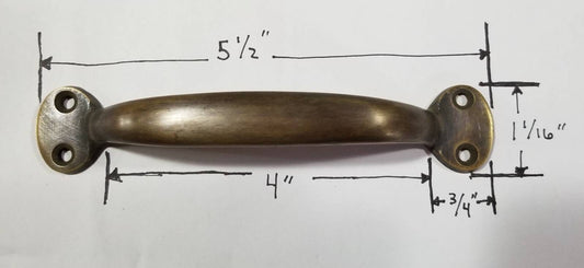 4 x Solid Brass Antique Style Lg. Strong File Cabinet Handle, Trunk Handle, Gate Handle, Kitchen, Bathroom Pull  4-3/4" center (5-1/2"w) #P1