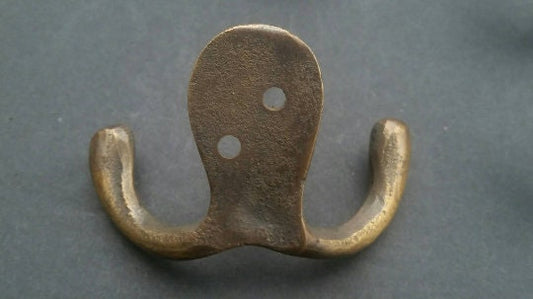 Solid brass double hook, bathroom hook, clothes coat peg. Coat hook wall, vintage old style hook hanger 2-1/2" w x 1-3/4"t #C1