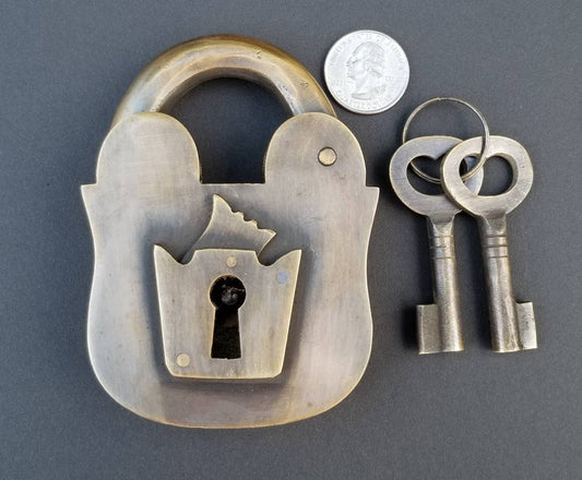 Large 4" PADLOCK Vintage stye old antique Solid Brass with 2 Skeleton Keys heavy weight #L5