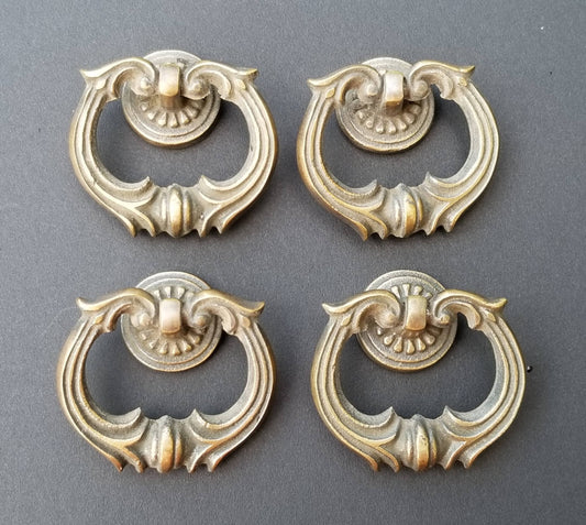 4 x Ornate Solid Brass Ring Pull Handle with Detailed Drop Ring and Backplate Antique Vintage Style 1-3/4", Superb quality #H10
