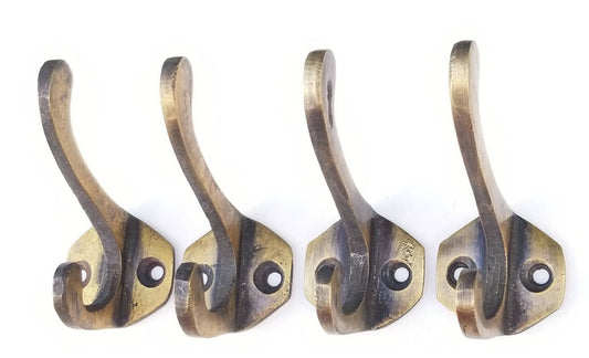4 x Antique Vintage Style Solid Brass Coat, Hat, Towel Double Hooks with 6 sided backplate 2 1/4" long.Unlaquered.#C3