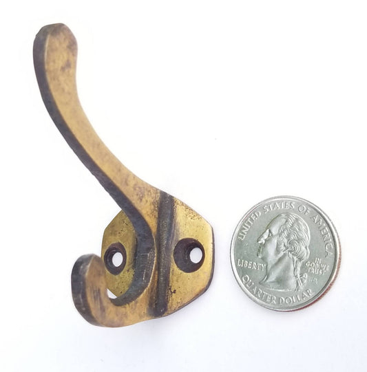 4 x Antique Vintage Style Solid Brass Coat, Hat, Towel Double Hooks with 6 sided backplate 2 1/4" long.Unlaquered.#C3