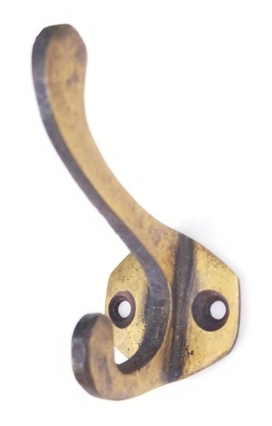 6 x Antique Vintage Style Solid Brass Coat, Hat, Towel Double Hooks with 6 sided backplate 2 1/4" long #C3