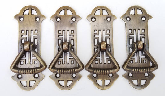 4 Vertical Handles w. Ring Pull Chinese Chippendale Design Arts and Crafts 3-7/8" long #Q5