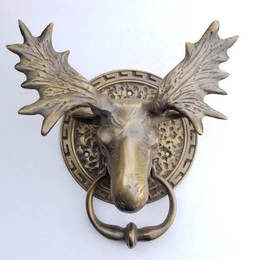 Large unique antique vintage style brass Moose Head Door Knocker approx overall: 7"wide x 8-1/2"tall.Unlaquered.Home decor,Accents. #D5.