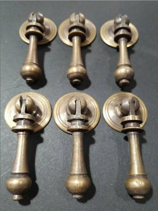 6 x Antique Style Solid Brass Tear Drop Pendant Handle Pulls Knobs w. bolts approx 1" round Backplate .Unlaquered. #H3