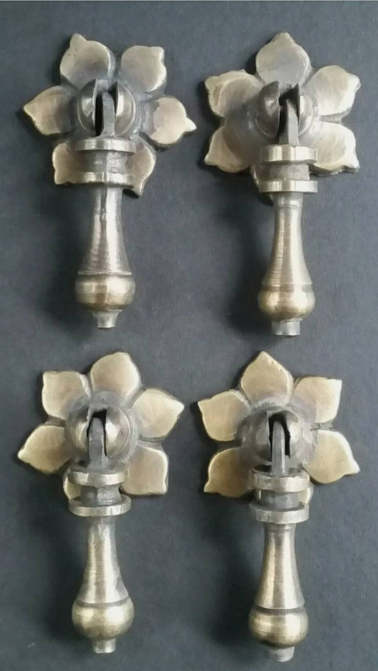 4 Antique Style Solid Brass Tear Drop Pendant Handles Pulls Knobs w. screws 2 1/2" long with 1 3/8" dia. Floral Backplate .un-laquered.#H4